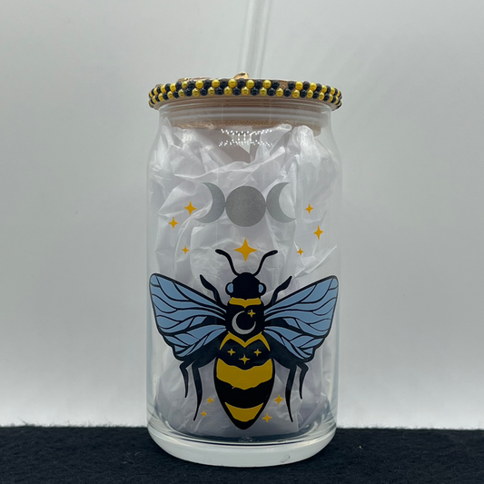 Mystic Bee Glass Cup with Bamboo Lid and Glass Straw